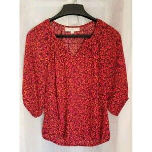 LOFT Ann Taylor Blouse Size XS Red Abstract Keyhole 3/4 Length Elastic Sleeve